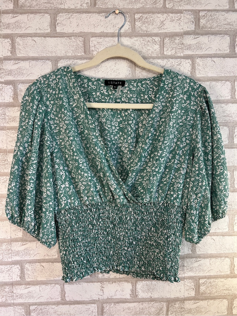 1. State Green Floral Wrap Smocked Waist Blouse